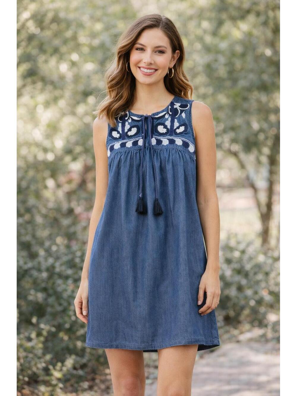 NWT CeCe Embroidered Sleeveless Mini Dress Chambray Boho Tassel Size 4
